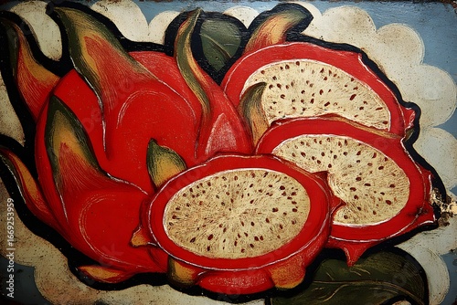 Textured Painting of Whole and Sliced Red Dragon Fruits with Golden Details