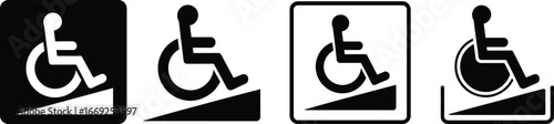 Flat vector illustration, wheelchair ramp icons, accessibility symbol, mobility aid, disability support, assistive technology, inclusive design, public facility signage, 