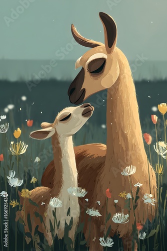Llama Mother and Calf Tenderly Interacting in a Wildflower Meadow Illustration