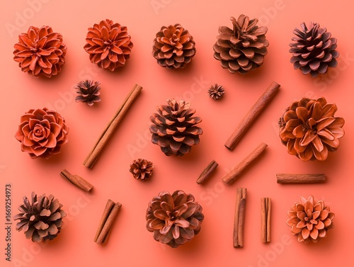 Autumnal Pinecones Cinnamon Sticks Flatlay Coral Background