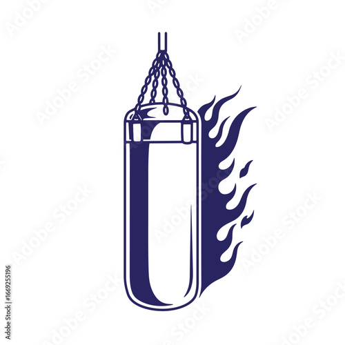 Bold boxing punching bag with flames illustration for fitness and athletic theme