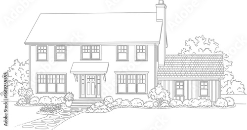 Architectural drawing of two story house with chimney and garden landscape