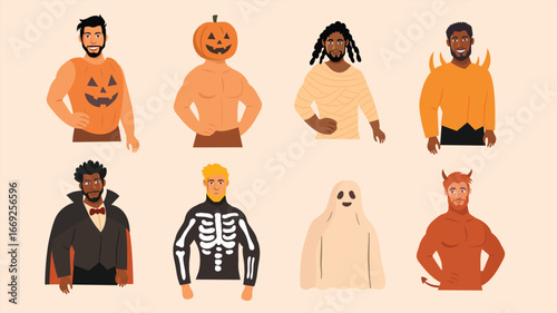Strong men wearing various halloween costumes spooky funny poses