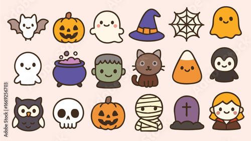 Collection of halloween icons pumpkin ghost bat skull witch