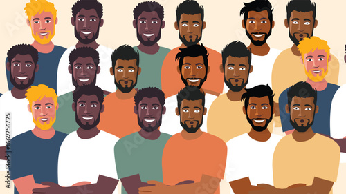 Group of diverse men portraits casual clothing friendly illustration