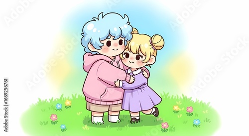 Cute grandmother hugging child cartoon illustration