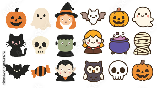 Halloween cartoon icons pumpkin ghost witch bat skull mummy