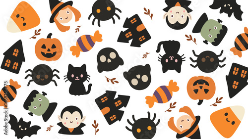 Cute halloween doodle icons pumpkin ghost bat witch skull