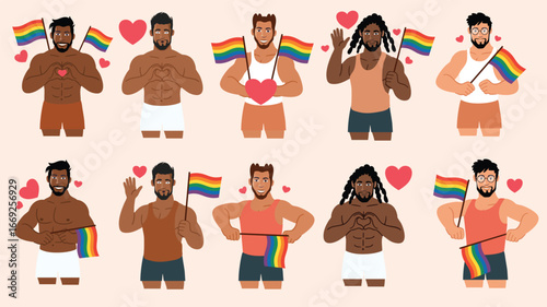 Muscular men pride flags rainbow celebration lgbt illustration set