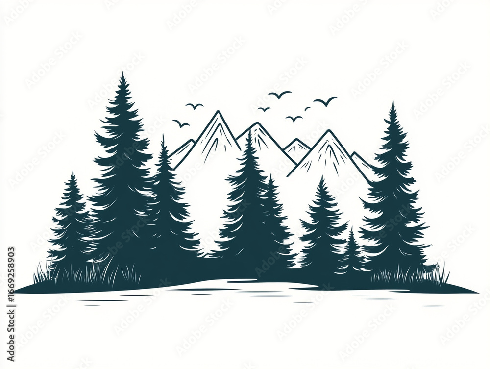 Obraz premium A line art illustration features a row of stylized pine trees in front of a series of tall, jagged mountains. The design is clean and minimalist against a white background.