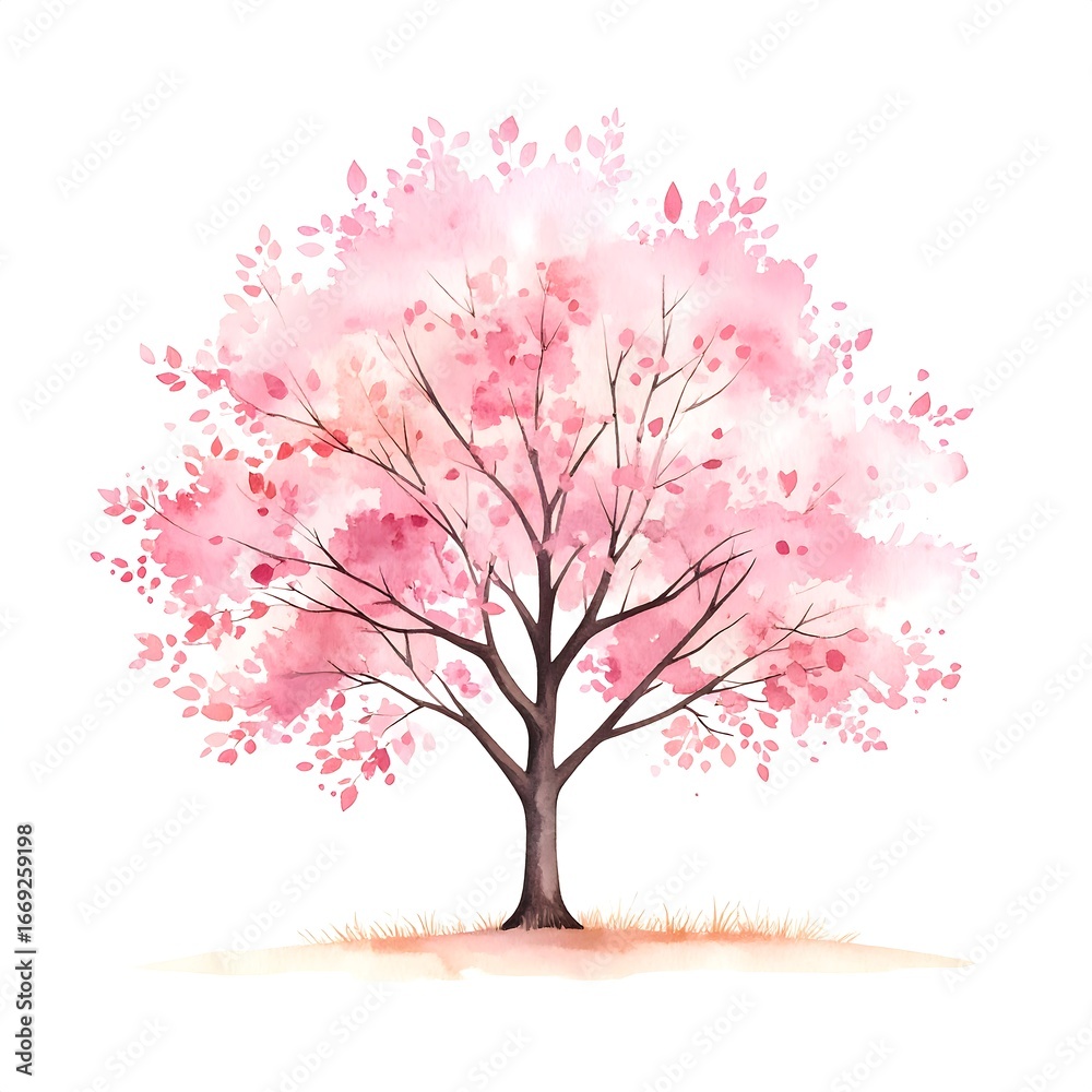Fototapeta premium Pink Cherry Blossom Tree, Watercolor Style