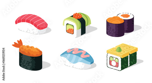 Vector set of various types of sushi. A famous Japanese food. Flat vector illustration isolated on white.