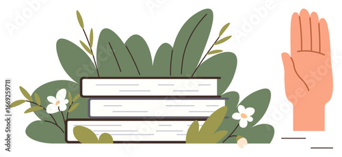 Books stacked among green leaves and flowers next to a raised hand symbolizing knowledge, learning, environment, sustainability, awareness, community, and responsibility. Ideal for education