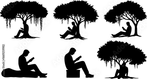 Silhouette of a man reading a book under a tree with hanging leaves in black and white illustration | editable eps vectors
