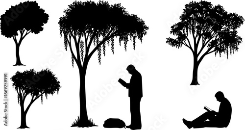 Silhouette of a man reading a book under a tree with hanging leaves in black and white illustration | editable eps vectors
