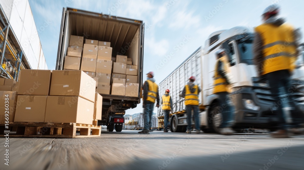 Naklejka premium Warehouse Workers Unloading Boxes from Delivery Truck at Dock