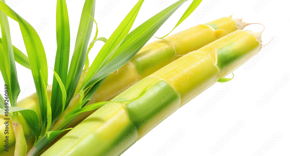 Fototapeta premium Fresh Sugarcane Stalks with Green Leaves on White Background