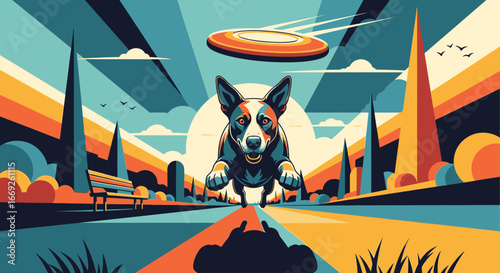 A dynamic, stylized illustration of an energetic dog leaping to catch a frisbee in a colorful, abstract city park.