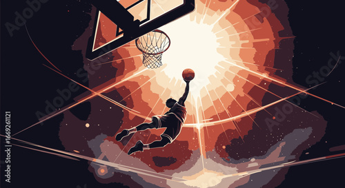 Dynamic illustration of a basketball player silhouette performing a slam dunk with an explosive light effect.