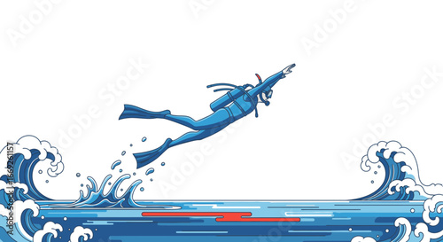 A scuba diver in a blue wetsuit leaps gracefully out of stylized ocean waves on a white background.