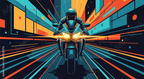 A futuristic motorcycle rider speeds through a neon-lit city at night in a dynamic graphic illustration.
