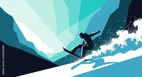 Dynamic illustration of a snowboarder carving down a snowy mountain, kicking up a spray of fresh powder.