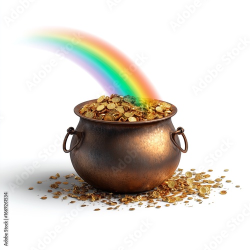 Bronze cauldron overflowing with gold coins and rainbow on white background