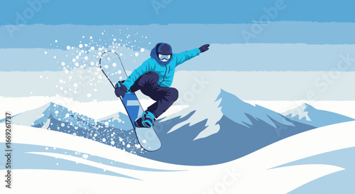 Dynamic vector illustration of a snowboarder catching air against a snowy mountain landscape.