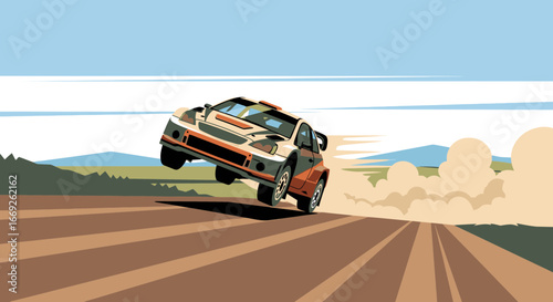 A powerful rally car catches air as it jumps over a crest on a dusty off-road track.