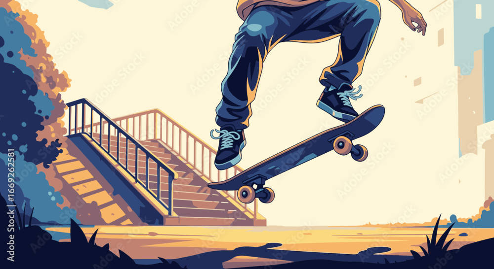 Naklejka premium An illustration of a skateboarder in mid-air performing a trick near a set of stairs during sunset.