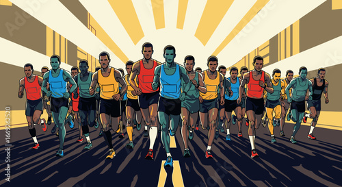A dynamic illustration of a large group of male runners competing in a city marathon, with a powerful sunburst in the background.