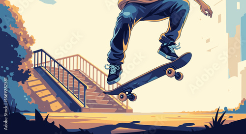 An illustration of a skateboarder in mid-air performing a trick near a set of stairs during sunset.