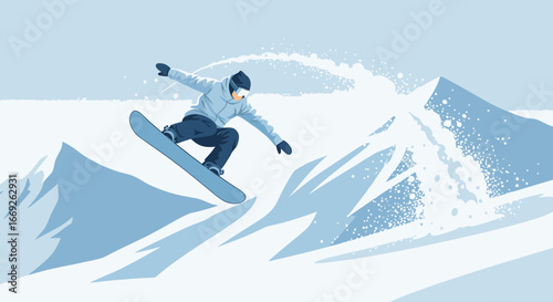 Minimalist illustration of a snowboarder in mid-air, jumping off a snowy mountain slope with powder spraying behind them.