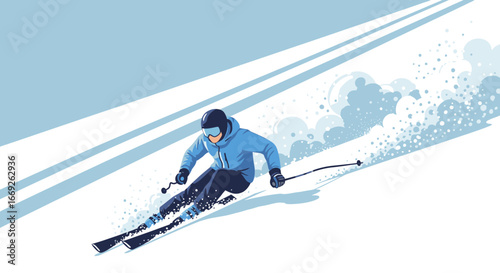 Illustration of a skier in blue gear skiing down a snowy mountain slope, carving through fresh powder.