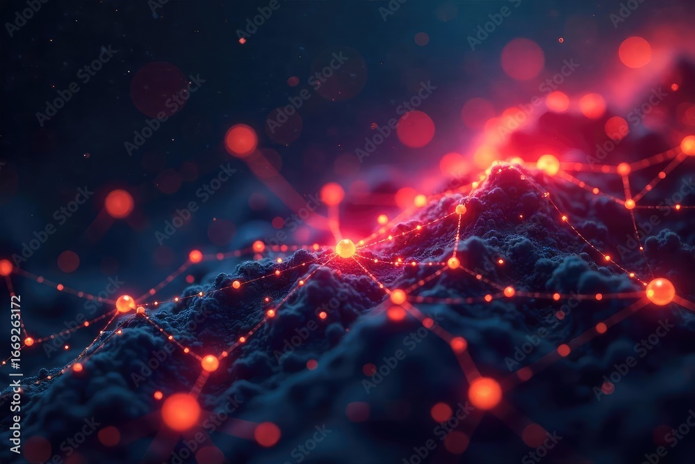 Obraz premium Abstract network of glowing nodes and connections forming a complex web, representing the interconnectedness of ideas and information in a digital thought landscape , abstract, concept