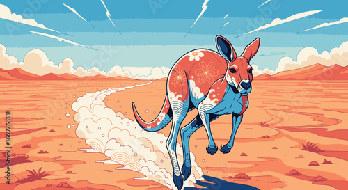 An artistic illustration of a red and blue kangaroo hopping at speed through the vast Australian outback desert, kicking up a trail of dust.