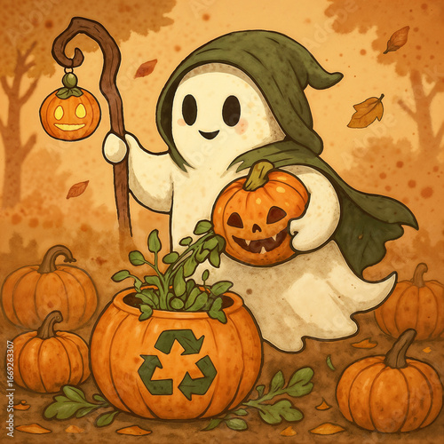 White ghost recycles vines in glowing pumpkin—eco-magic meets autumn charm in spooky style.