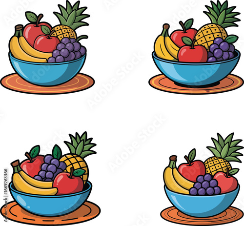 Fruit bowl assortment illustration Apples, bananas, pineapple, grapes, vibrant colors