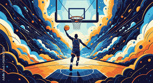 Dynamic illustration of a basketball player soaring through the air for a powerful slam dunk against a colorful, abstract background.