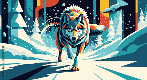 A vibrant, stylized illustration of a wolf running directly towards the viewer through a snowy, cold forest landscape.