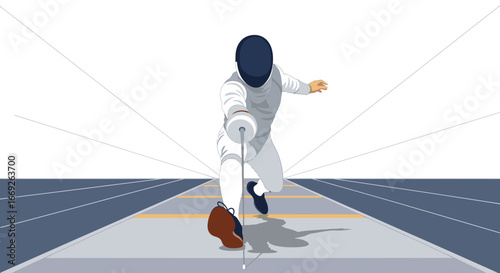 Vector illustration of a fencer in a lunge pose on a strip, pointing their foil forward towards the viewer.