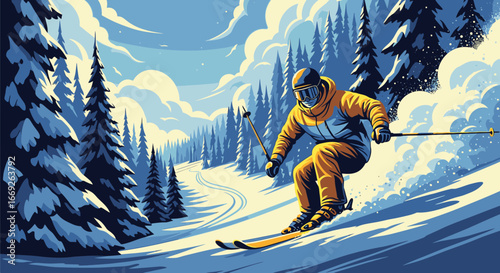 A skier in a yellow jacket carves down a snowy mountain trail surrounded by pine trees.