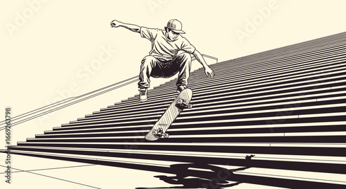 A dynamic black and white illustration of a skateboarder in mid-air, jumping down a long flight of concrete stairs.