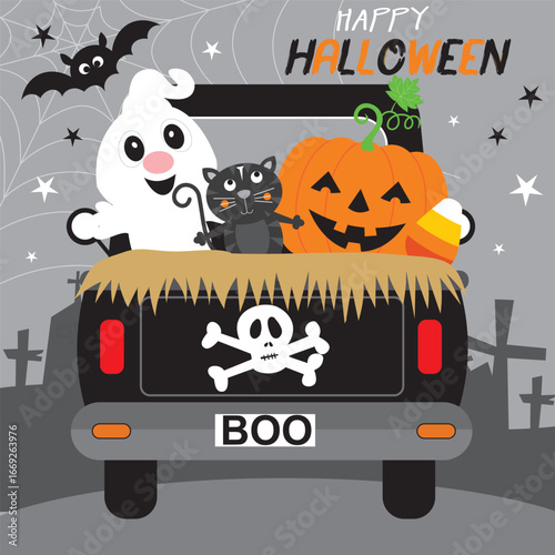 Halloween Truckload of Spooky Fun Ghost, Cat, and Pumpkin