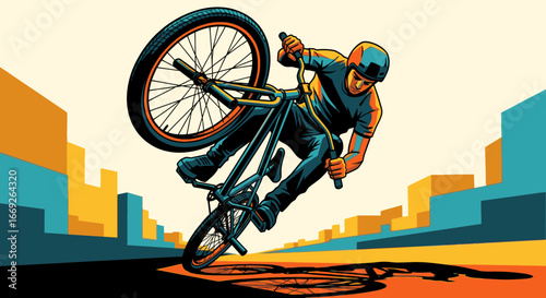 Dynamic illustration of a BMX rider performing a wheelie trick in a stylized urban city.