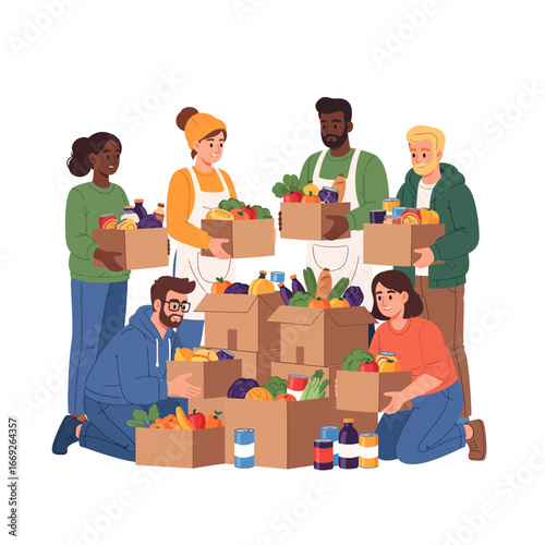 Diverse group of volunteers working together, packing donation boxes with food for a community charity event