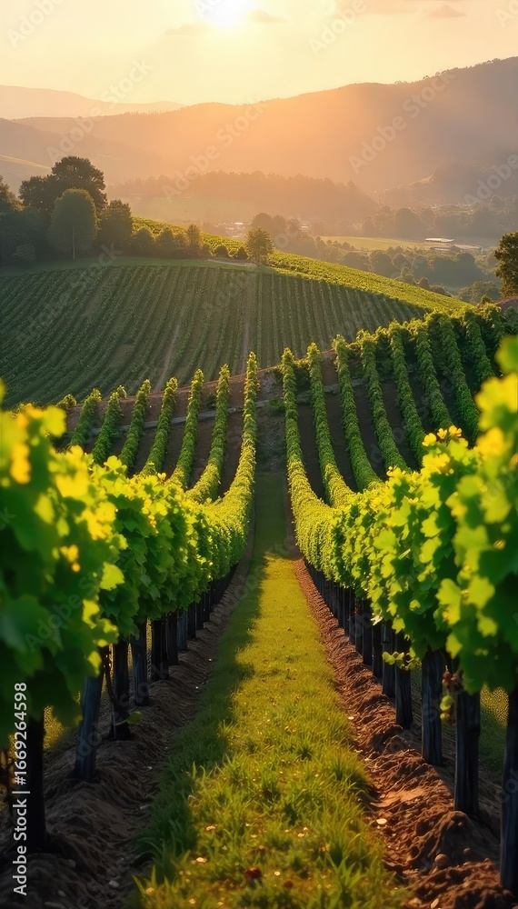 Naklejka premium Rolling hills of vineyards bathed in golden sunlight, rows of grapevines stretching to the horizon, a picturesque winery scene at harvest time , leaves, wine, tranquil