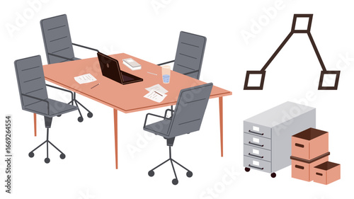 Office meeting table with four swivel chairs, laptop, scattered papers, water glass, file cabinet, stackable boxes, and abstract organizational chart. Ideal for teamwork, collaboration office space
