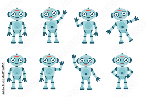 A D.eps vector illustration set of cute cartoon robot characters shown in different poses, including waving, standing, and thinking