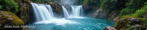 Serene Geothermal Waterfall Steaming Water Cascades over Mossy Rocks in Lush Greenery, Creating a Mesmerizing Natural Pool